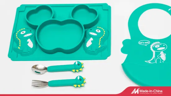 Ensemble de vaisselle pour bébé en Silicone, ensemble d'alimentation, assiette de dinosaure en Silicone de dessin animé